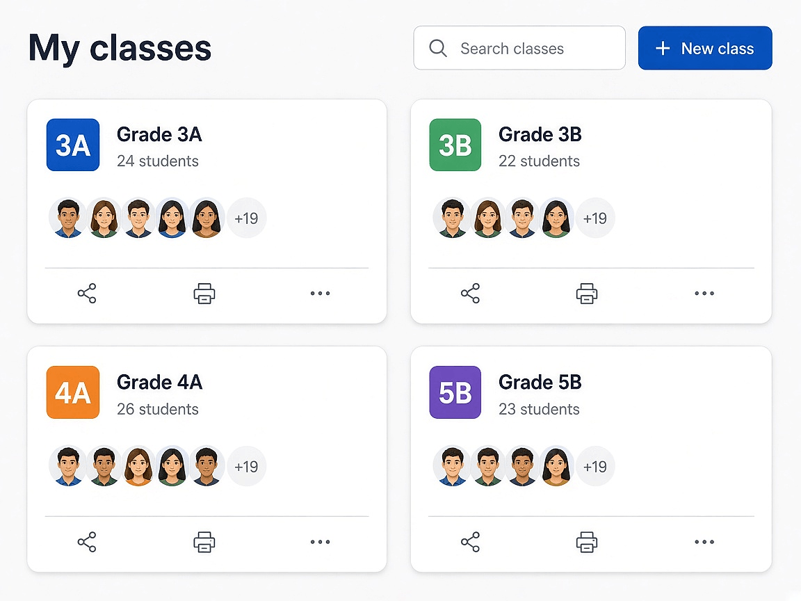 Class Management SmartEduTrack class management page with class cards showing student counts, avatars, and share and print options