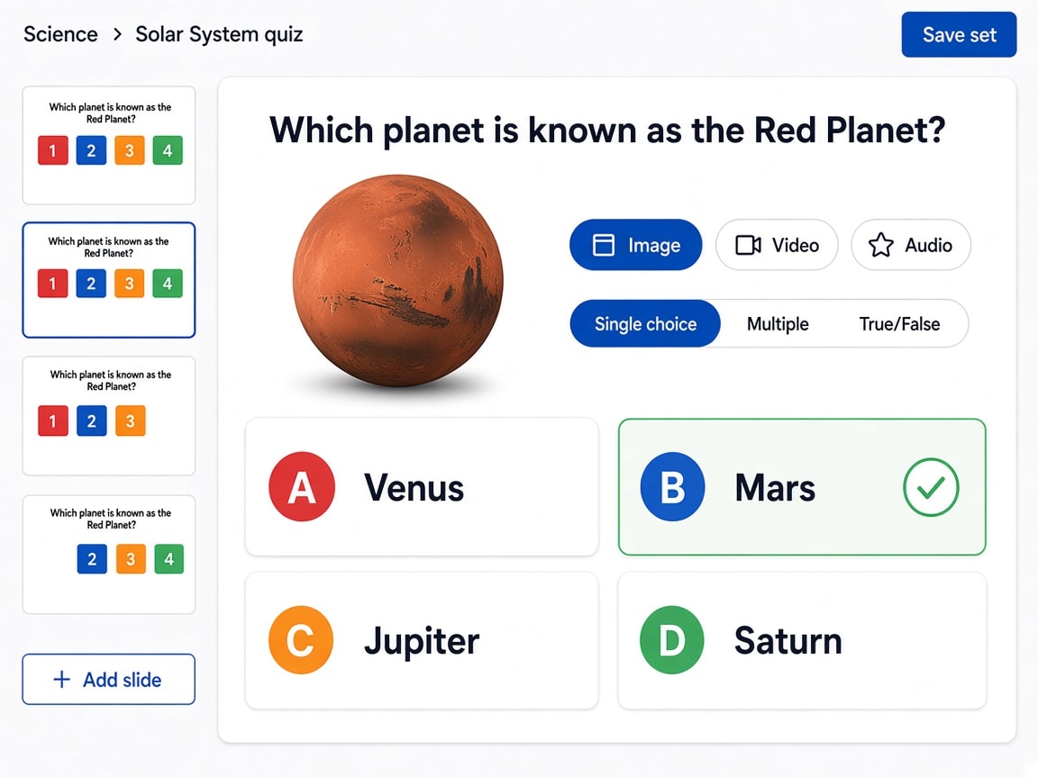 Question Set Editor SmartEduTrack question set editor with slide thumbnails, a Mars image, media type options, answer style selector, and four answer choices with the correct one marked