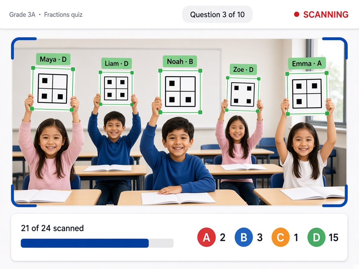 Card Scanning SmartEduTrack camera scanning view detecting students' raised answer cards, with 21 of 24 answers scanned and a tally per answer