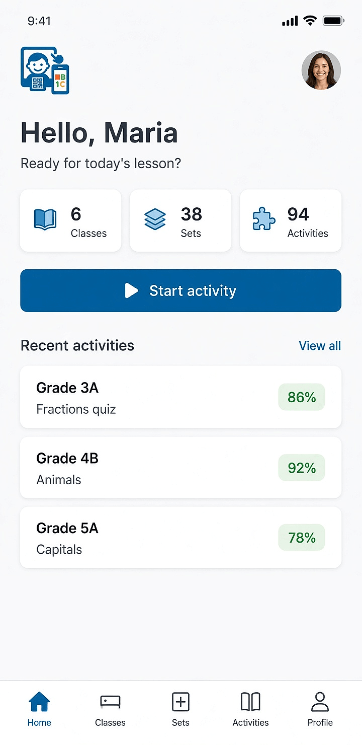 SmartEduTrack Mobile Teaching App SmartEduTrack mobile app home screen with class totals, a start activity button, and recent activity scores