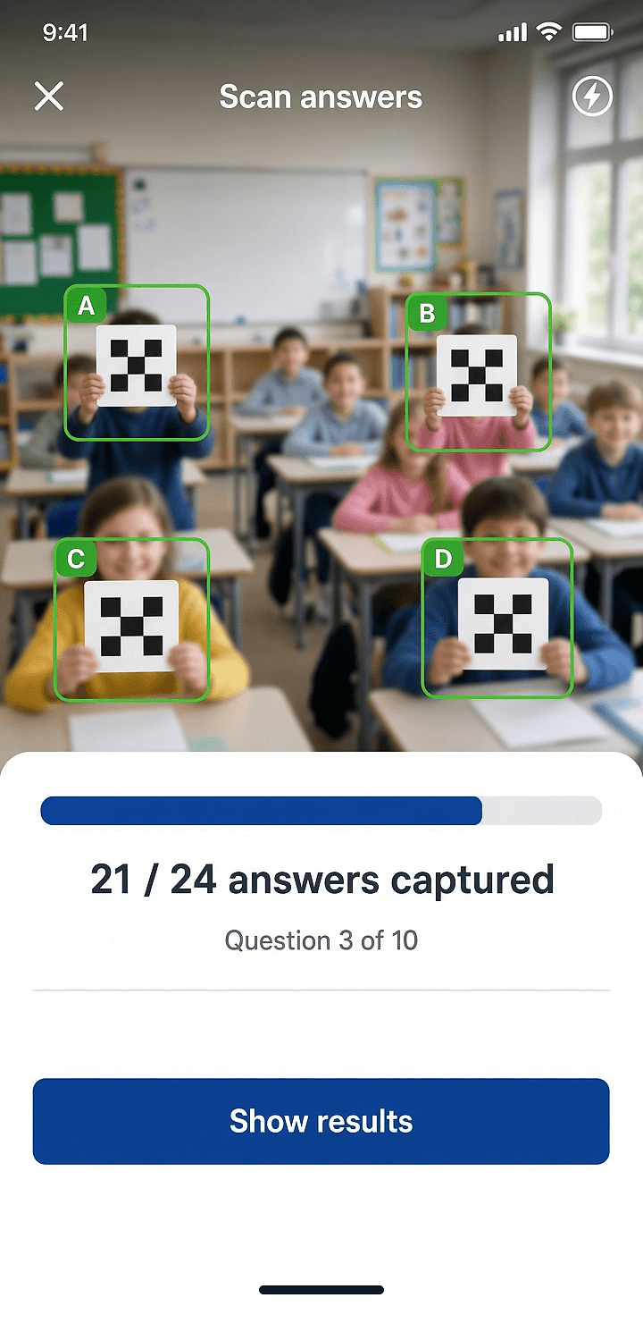 SmartEduTrack Card Scanning SmartEduTrack mobile camera scanning students' answer cards, with 21 of 24 answers captured